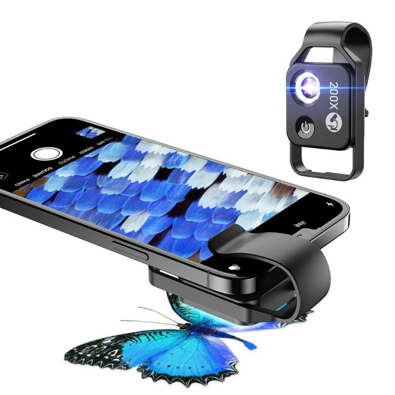 200X LED Lighted Pocket Microscope with Builtin LED Universally Smartphone Digiscoping Adapter Clip Macro Lens