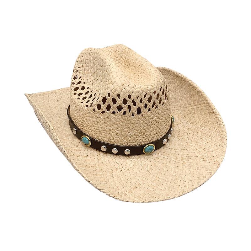 Western Cowboy Hat, Travel Sunshade And Sunscreen Hat, Raffia Hand-Woven Crimped Hat