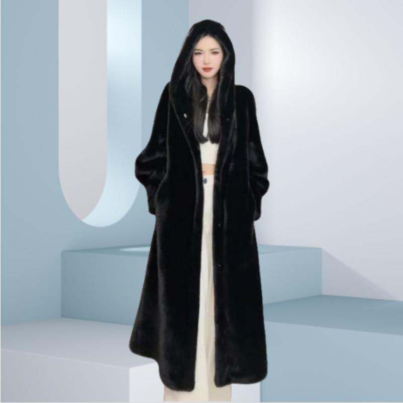 2 autumn and winter new medium and long imitation mink fur coat thickened with hat fur coat women's fashion