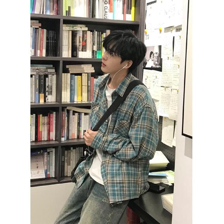 2024 Plaid Long Sleeve Shirt Japanese Hong Kong Style Ins Loose Shirt Boys Summer Trendy Versatile Casual Coat