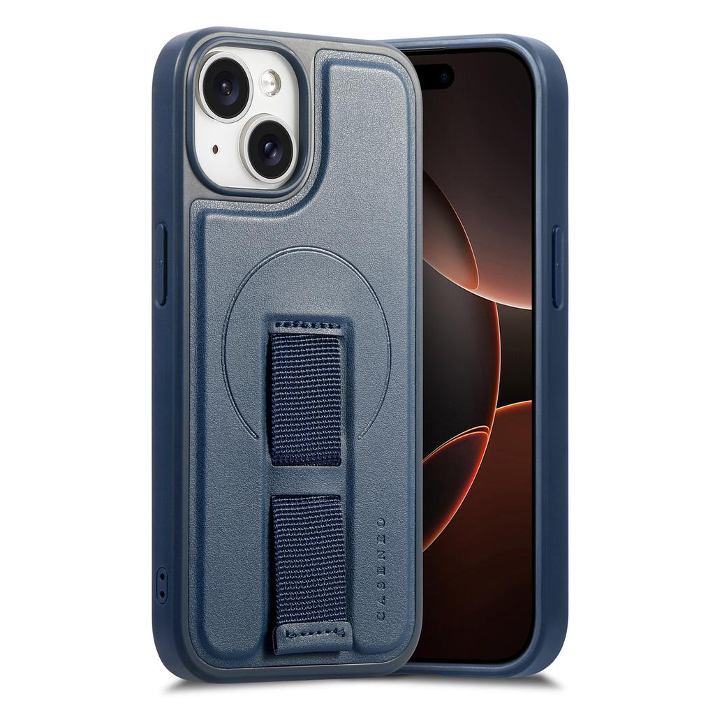 For iPhone 15 Magnetic Case CASENEO Wristband PU Leather + PC Shockproof Phone Cover