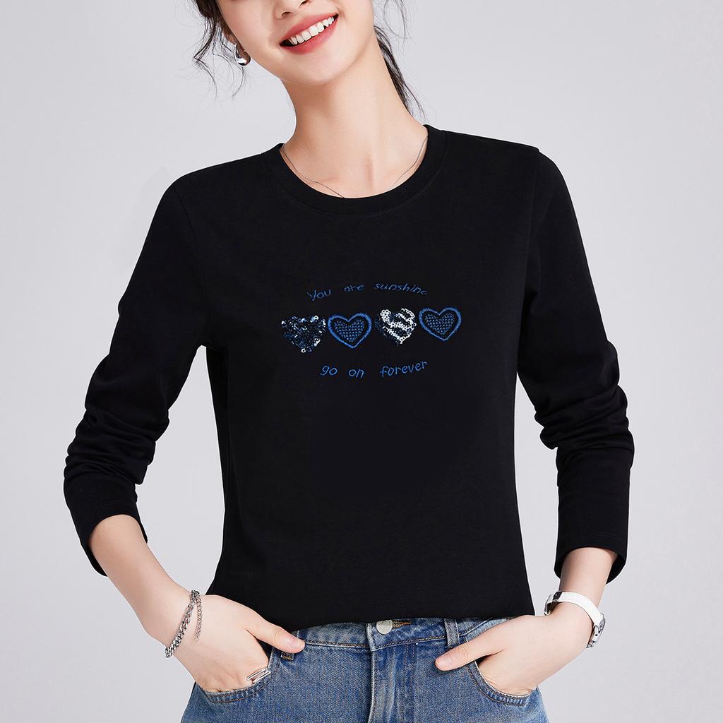 Mercerized Cotton Long-sleeved Women's Autumn New Love Embroidery Casual Loose and Thin Large-size Top