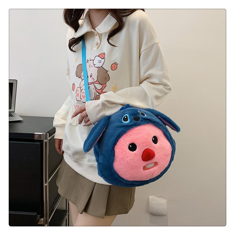 Loopy Hello Kitty Stitch Cartoon Plush Soft Round Bag With Zipper Closure For Daily Use