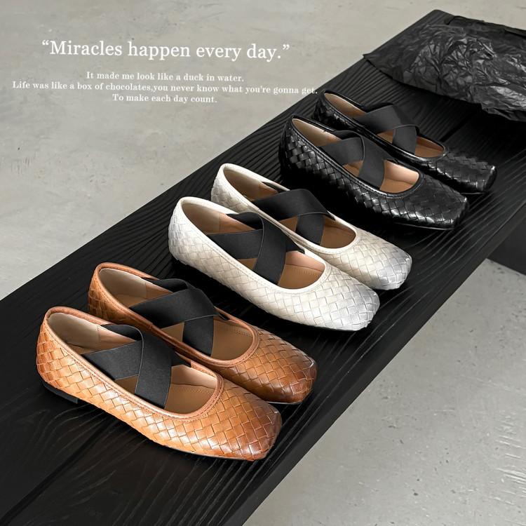 Super soft runaway egg roll shoes cowhide Mary Jane 2025 low heel round head ballet cross strap leather soft sole single shoes women