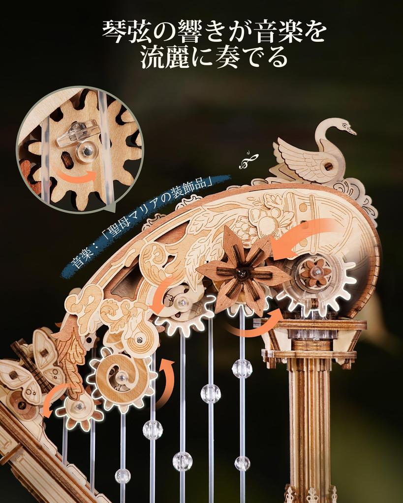 ROKR 3D Wooden Puzzle with Harp Music Musical Automatic No Batteries Interior Craft DIY Time Movable Musical Educational Toy for Ages STEM Official