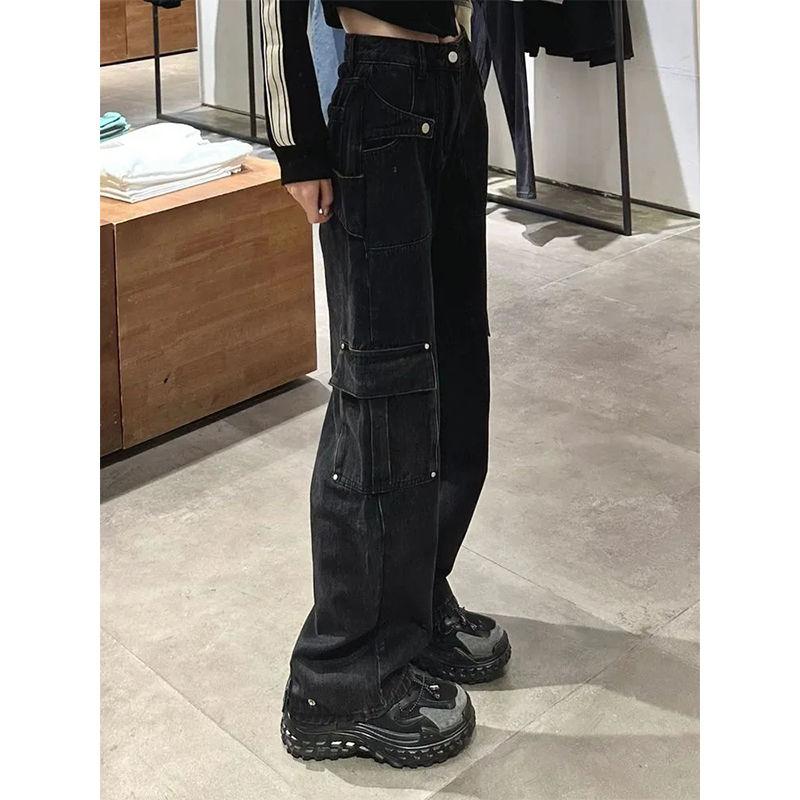 

Американские черные джинсы-карго женские весна и осень 2024 г. Новые свободные узкие повседневные прямые широкие брюки с высокой талией S чёрный