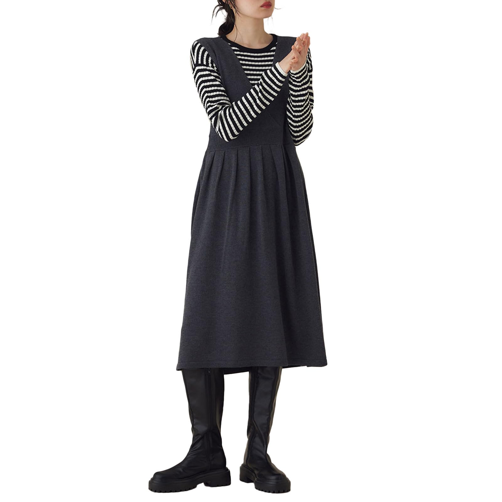

Maternity Long Rib Knit Knit Jumper Skirt Free Charcoal x Black Off Border [ANGELIEBE] Dress, Breastfeeding, 2WAY, Sleeve, Tops, Set,