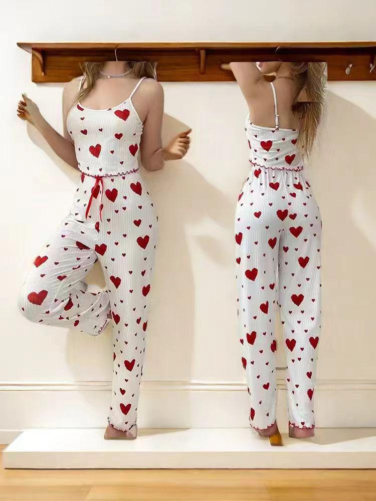 2024 Trendiger gerippter Strick mit Herzprint Spaghetti-Träger Pyjama & Lange Hose Set für Damen
