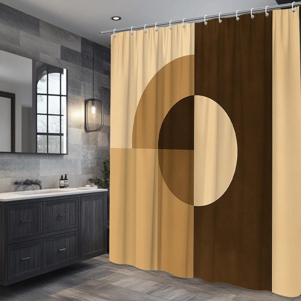 Modern Geometric Shower Curtain Abstract Circle Design In Warm Beige And Brown Easy To Install Waterproof Fabric Non-Toxic