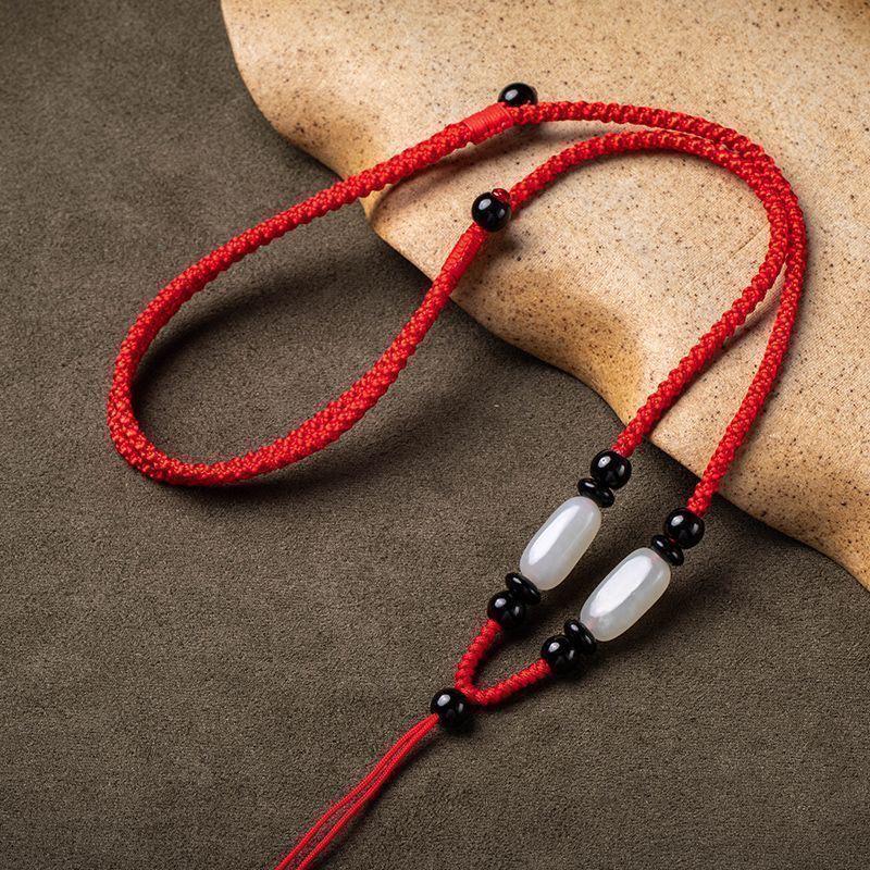 Adjustable Hand-Woven Hetian Jade Pendant Lanyard in Red and Black for Men and Women - Emerald Necklace Rope