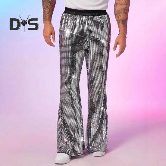 Herren-Schlaghose mit Pailletten, glänzend, Hip-Hop-Diskohose, elastische Taille, Retro-Hose mit weitem Bein für Bühnenauftritte, Nachtclubs, Bars und Tänze