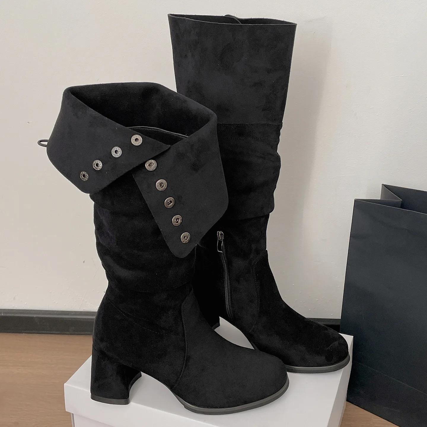 

Winter Pointed Toe Suede Women High Boots Fashion Belt Buckle Slip on Shoes Concise Thick Heel Knight Long Booties 2026 New 35 чорний