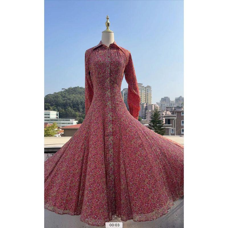 

Export Original Cold Door Brand POS * Retro Shirt Collar Floral Chiffon Oversized Swing Dress Waist-Tight Slim Looking Dress Red Floral Dress US2