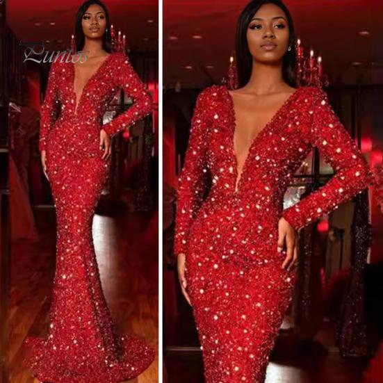 Women Evening Dress Sequin Deep V Neck Long Sleeves Slim Fit Fishtail Hem Sequin Floor Length Sheath Back Zipper Closure Maxi Dress