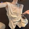 French-Style Elegant Design Pleated Waist-Cinching Sleeveless Knit T-Shirt for Women, 2025 Autumn New Versatile Slim-Fit Top
