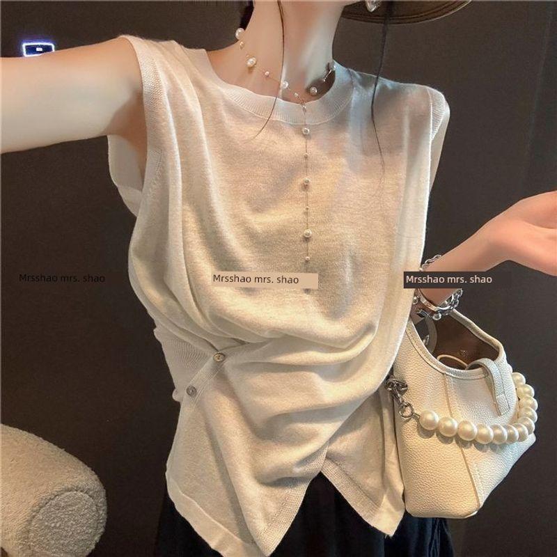French-Style Elegant Design Pleated Waist-Cinching Sleeveless Knit T-Shirt for Women, 2025 Autumn New Versatile Slim-Fit Top