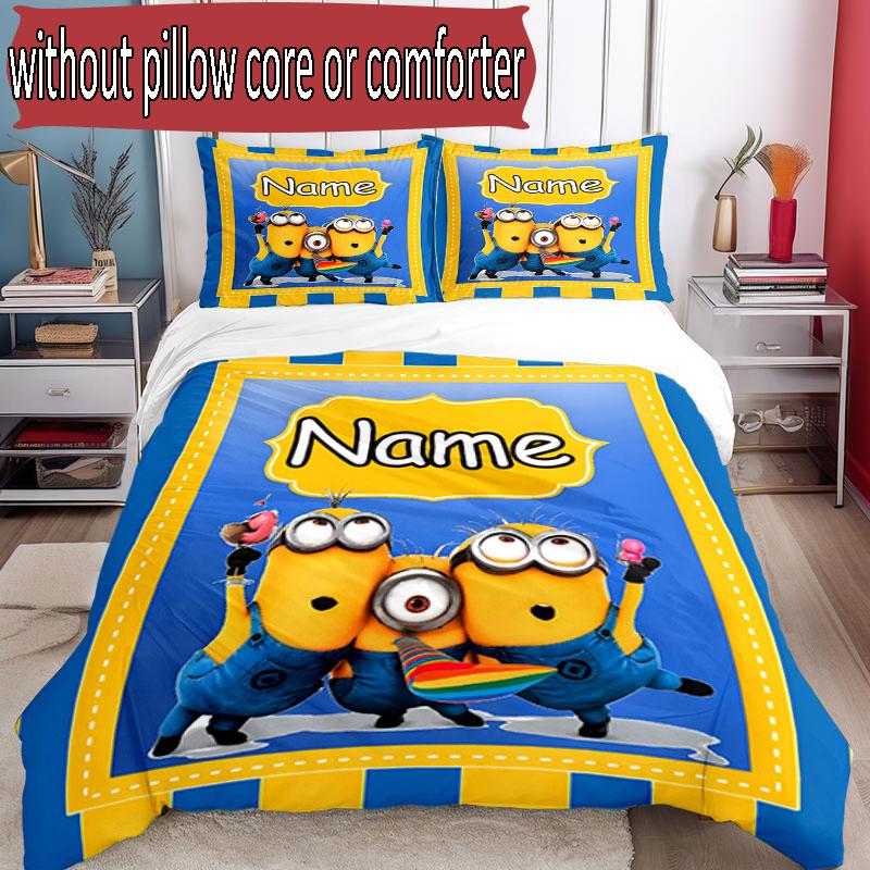 3pcs Duvet Cover Set (1*Duvet Cover + 2*Pillowcase, Without Core), Custom Name Minions Pattern Bedding Set, Home Bedroom Decor Gift