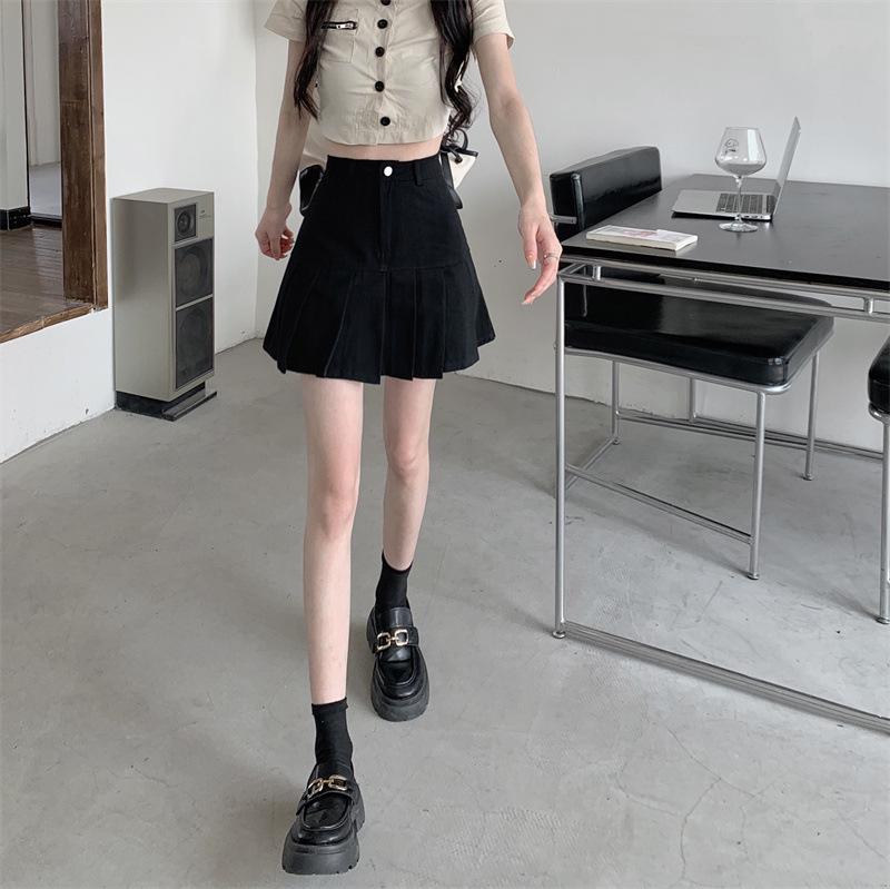 High-Waist Black Pleated A-Line Skirt for Women, Summer 2024 - Anti-Exposure & Slimming Design