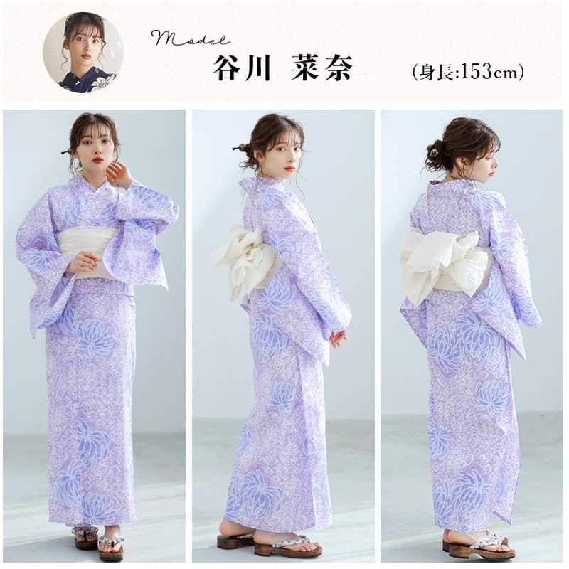 (Dita) Women's Yukata 5-Piece Set: Blue, Purple, White, Classic Pattern, Japanese Style, Bold, Modern, Retro, Elegant, Easy to Wear by One Person (2.