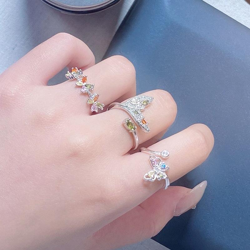 Dopamine Colored Treasure Zircon Butterfly Fishtail Open Ring Niche High-End Sense Light Luxury Personality Stacked Ring