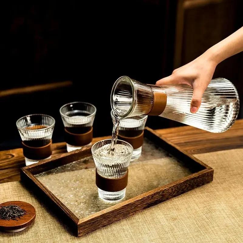 1pc Glass Coffee Cups Japanese Style Tea Cup With Cup Sleeve Wine Glasses Simple Striped Mugs Beer Milk Juice Cold water cup