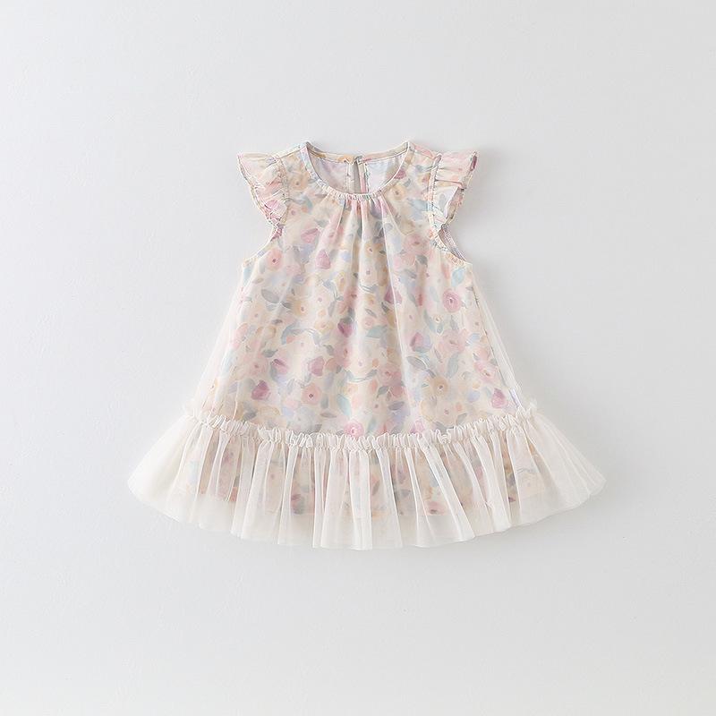 Korean Style Girls' Floral Puff Sleeve Princess Dress with Breathable Mesh Skirt for Infants and Toddlers