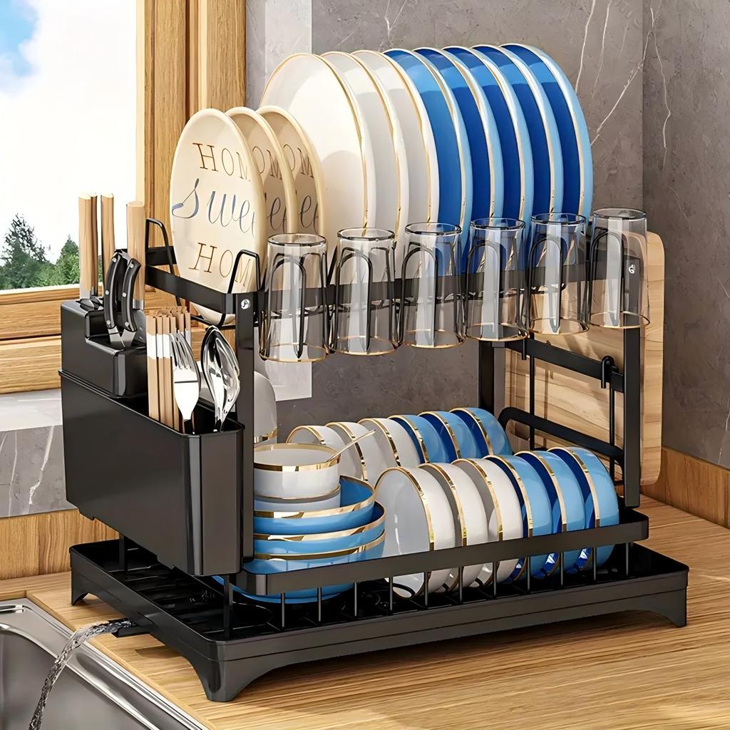 1 set of double-layer bowl and dish storage racks with cup holders, large capacity, suitable for kitchens, restaurants, etc