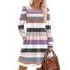 Women's Long Sleeve Pleated Round Neck Plaid Stripe Print Casual Dress With Pockets