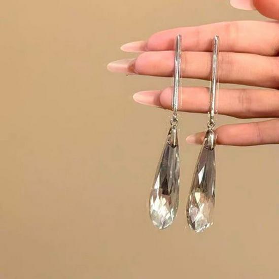 Elegant Glass Water Drop Silver Needle Earrings - High-End, Fashionable, Statement Jewelry for Women