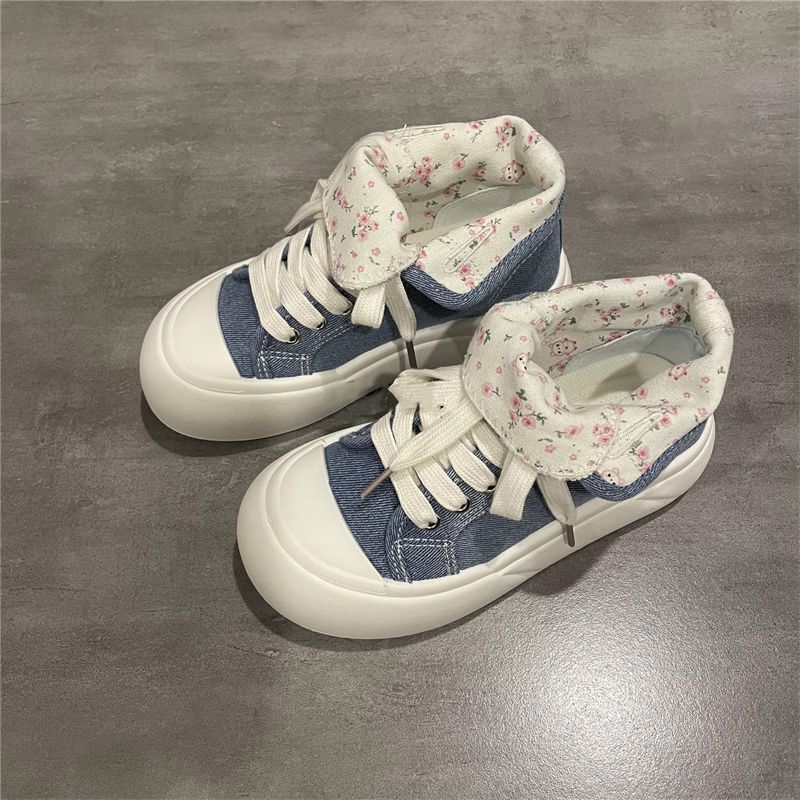 Xiaoxiangfeng Floral Canvas Shoes Women's High-top Shoes 2025 New Autumn Niche Thick-soled Round Head Board Shoes Ins Tide