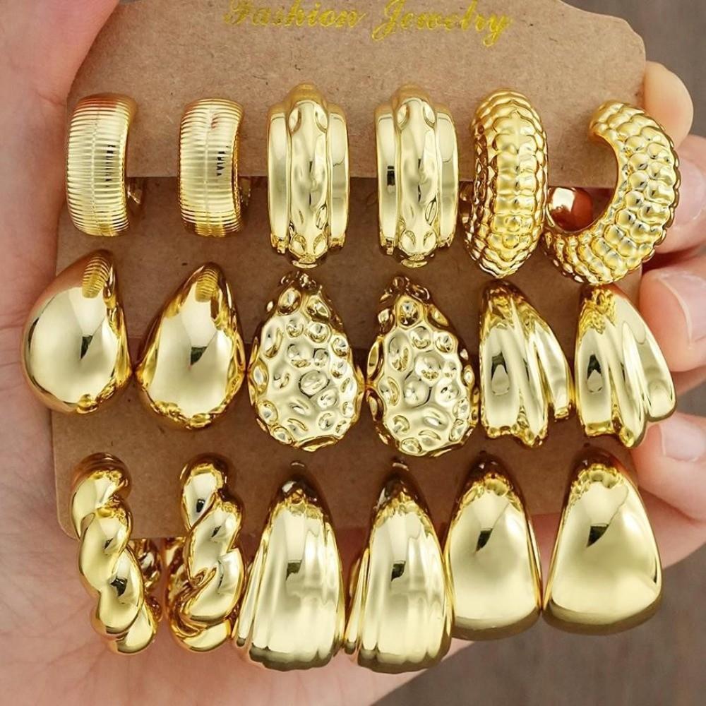 18-delige Set C-vormige Vintage Punk Oorbellen Lichtgewicht Goud Zilver Kleur Waterdruppel Hoepeloorbellen Gedraaid Ontwerp Creatief
