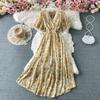 Women's V Neck Floral Chiffon Maxi Dress High Waist A-Line Casual Dress for Summer Vacation