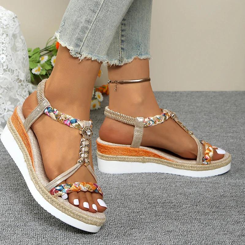 Fashion Fashion T-Strap Platform Sandals for Women New Mix Color Elastic Band Wedge Sandals Woman Summer Daily Open Toe Sandalias Female