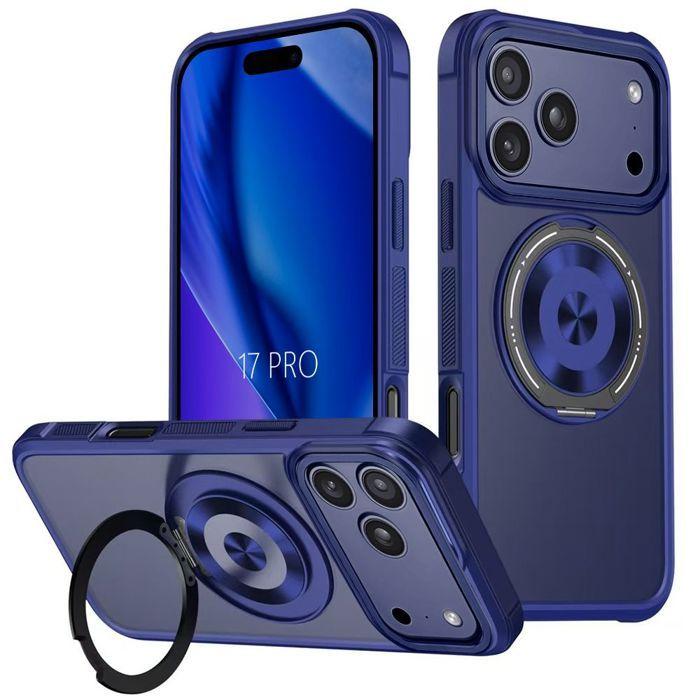 360° Ring Case - BOOLING - for iPhone 17 Pro - Silicone and PC with Rotating Magnetic Stand - Blue