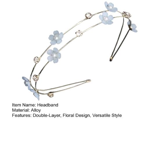 Fe Pige Hårbånd Dobbeltlags Design Hårbøjle med Blå Hvide Blomster Imitationsperler Rhinsten Bryllupper Fester Dating Hårpynt