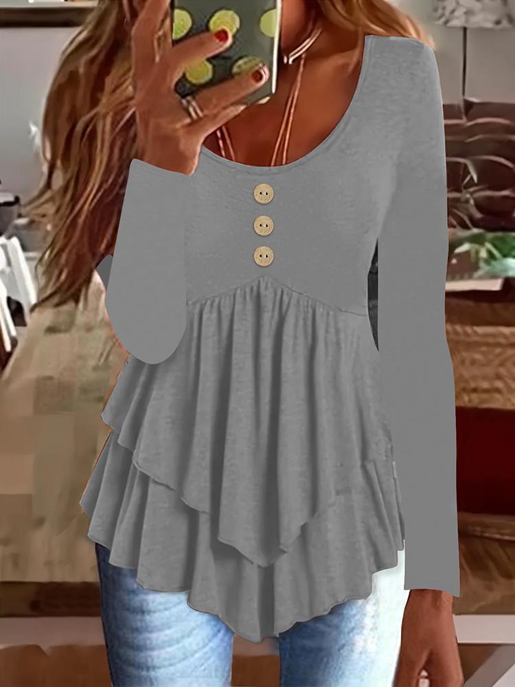 

Осенняя женская мода на пуговицах сверху, повседневный однотонный цвет, U-образный воротник, принт, длинный рукав 2XL