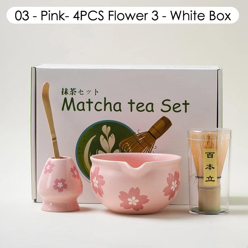 

4PCS/5PCS Flowers Pink Ceramic Bowl Matcha Tea Set Gift Box Safe Bamboo Brush Teaspoon Whisk Holder Matcha DIY-Making Tools