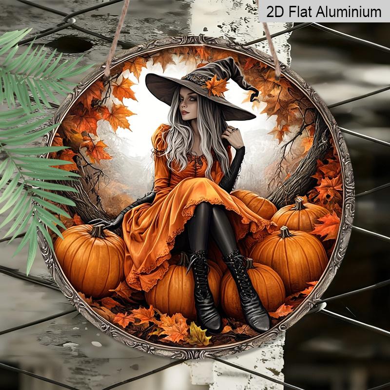 2D Flat, 1pc Pumpkin Witch Themed Round Metal Decorative Sign, Durable Aluminum Indoor Outdoor Decor for Bar Kitchen Cafe Home Office Decoration