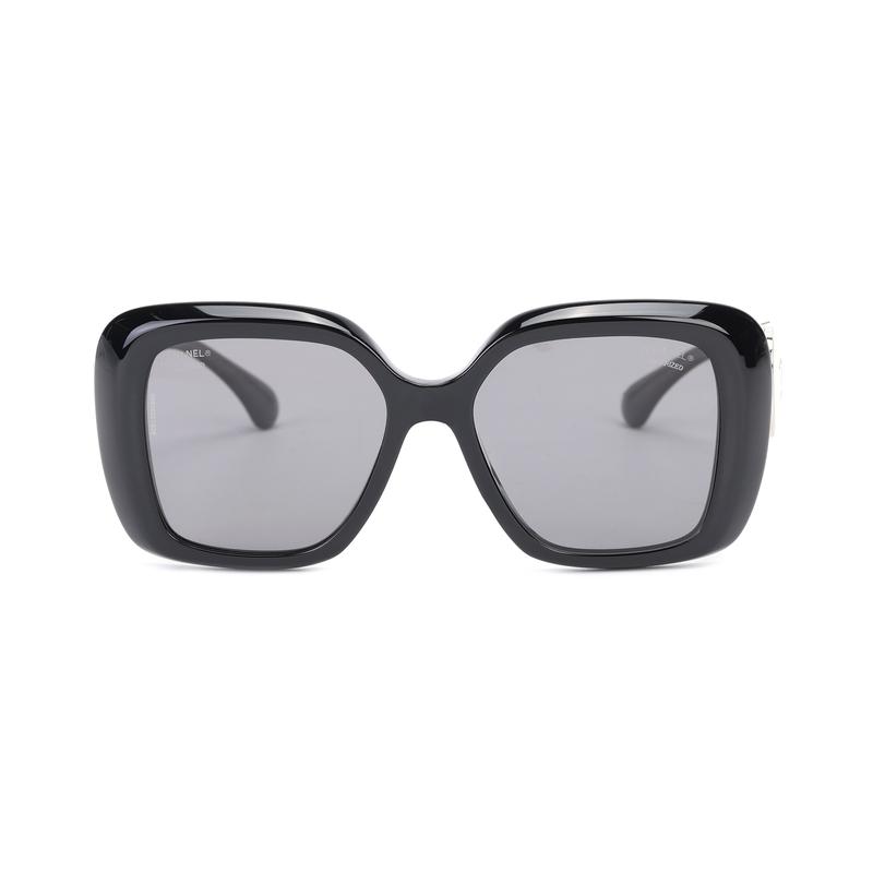 Chanel Lunettes de soleil irrégulières en acétate avec logo gravé pour femmes - Noir