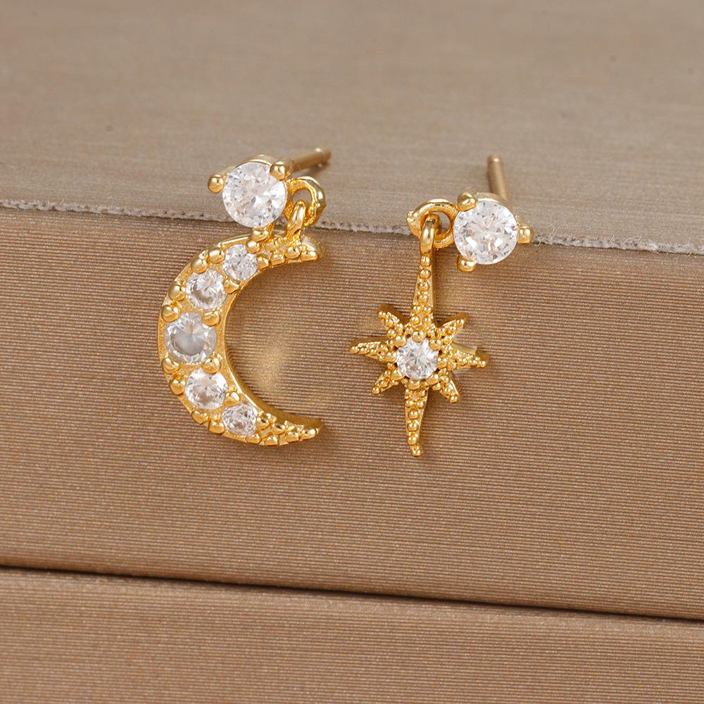 18K Gold-Plated Zircon Stud Earrings: Asymmetrical Star & Moon Design with S925 Silver Needle