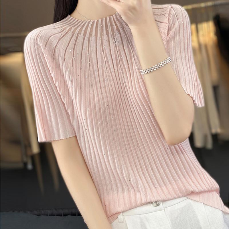 

Лето 2023, трикотажная блузка, повседневные рубашки для женщин, трикотаж с круглым вырезом, футболка с защитой от солнца, пуловер с короткими рукавами и бриллиантами, футболка 28281 One Size розовый