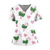 Women's Christmas Print V-Neck Double Pocket Short Sleeves Hem Slit Uniform And Caregiver Top