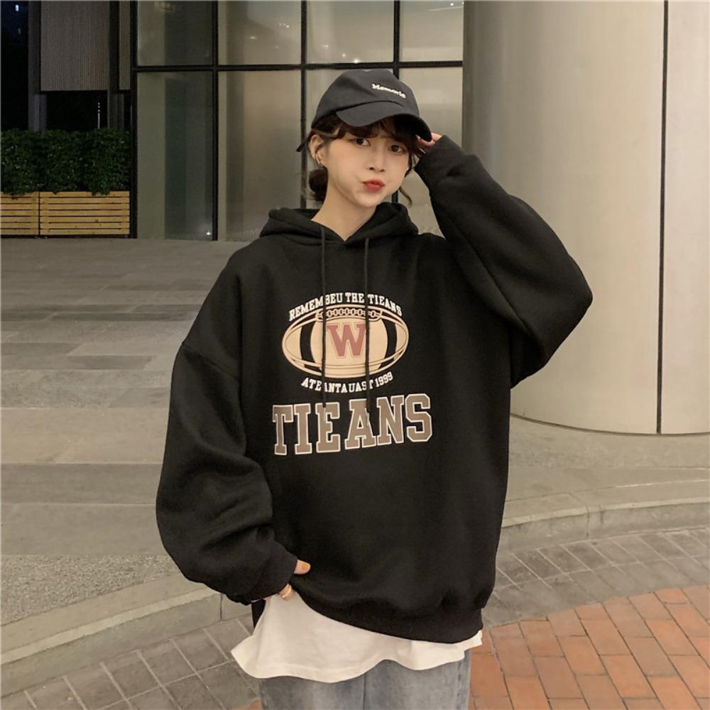 New sweater women's autumn and winter Korean version loose lazy style letter printing versatile hooded top velvet student sweater