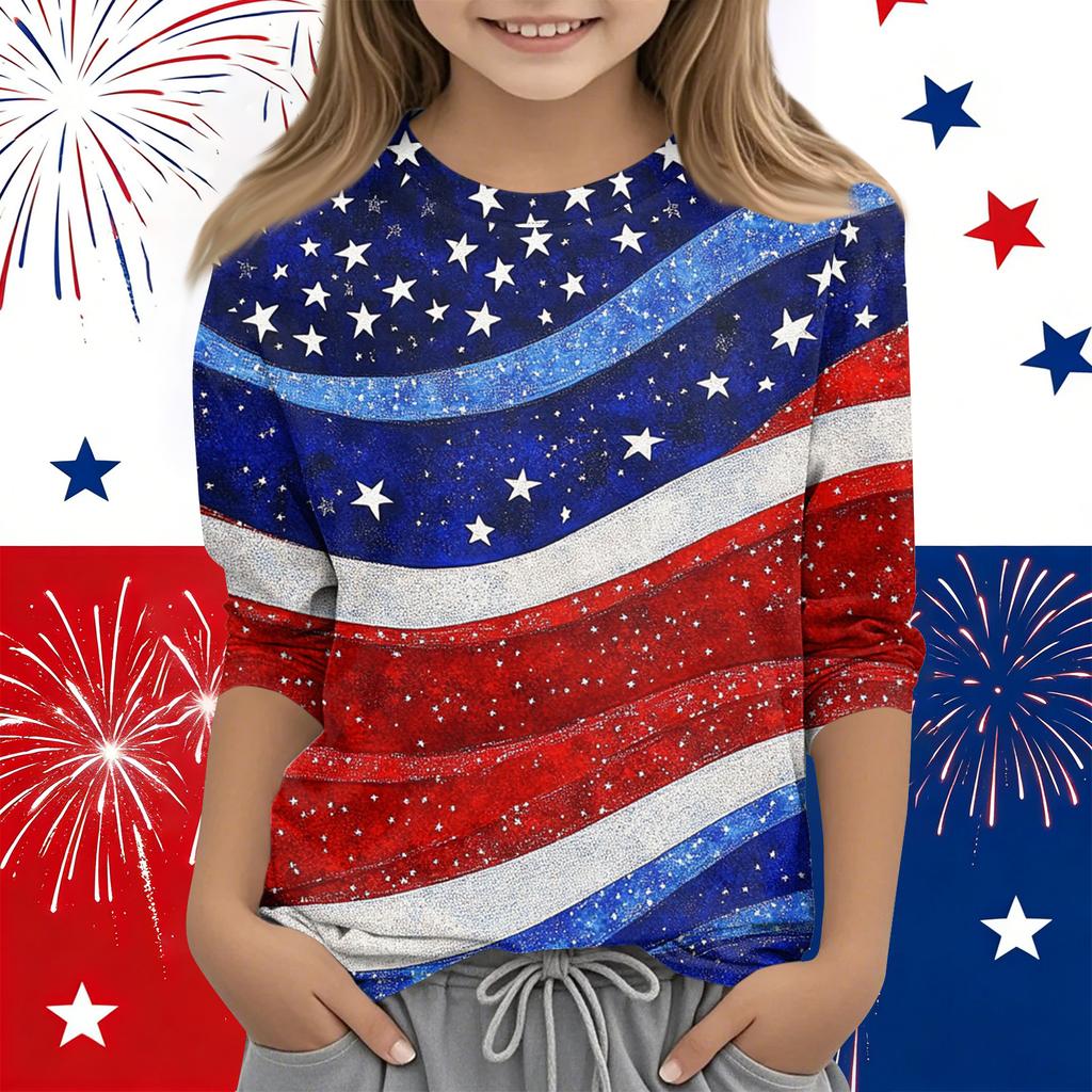 Print Tops For Youth Girls Round Neck 3/4 Sleeves T-Shirts Trendy Tops Outfit Tees Independence Day