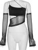 Summer Ladies Asymmetrical Cut Out Mesh Crop Top with Sleeves Fairy Grunge  Clothes Transparent Camisole Casual Fashionable Women Tank Tops