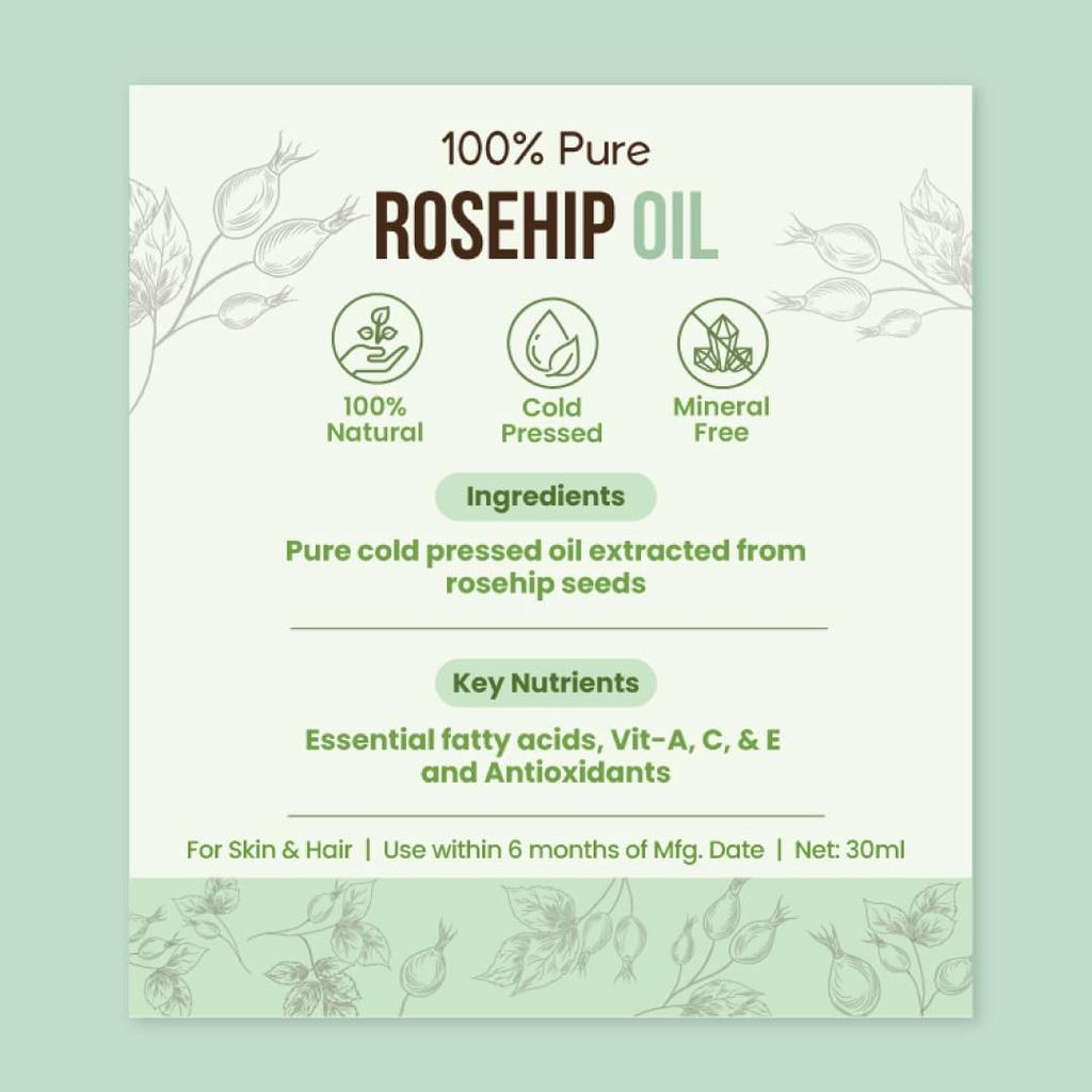 Nat Habit Pure Rosehip Oil, Pure Cold Pressed Rosehip Oil For Deep Hydration, Smooth & Glowing Skin, 30ml