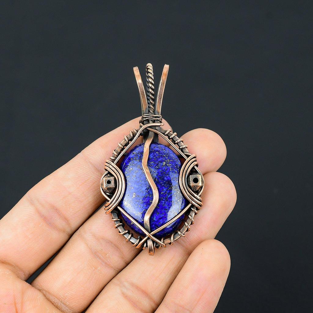 Lapis Lazuli Pendant Handmade Gemstone Jewelry, 999 Copper Wire Wrapped Pendant ,Unique Design Jewelry Pendant