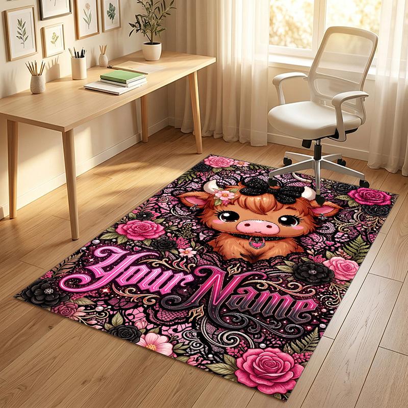 Cow Highland Theme Crystal Velvet Rug Personalized Custom Name Text Soft Floor Mat Home Decor