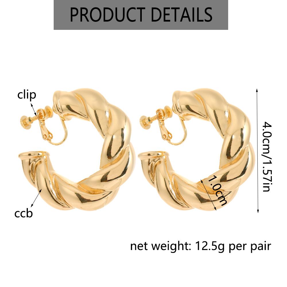 New Trendy Geometric Twisted Thick Hoop Clip Earrings Glossy Gold Huge Round Non Pierced Earrings for Women Punk Jewelry