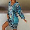 Spring and Autumn Women's Ethnic Style Printed Long-sleeved V-neck Casual Dress